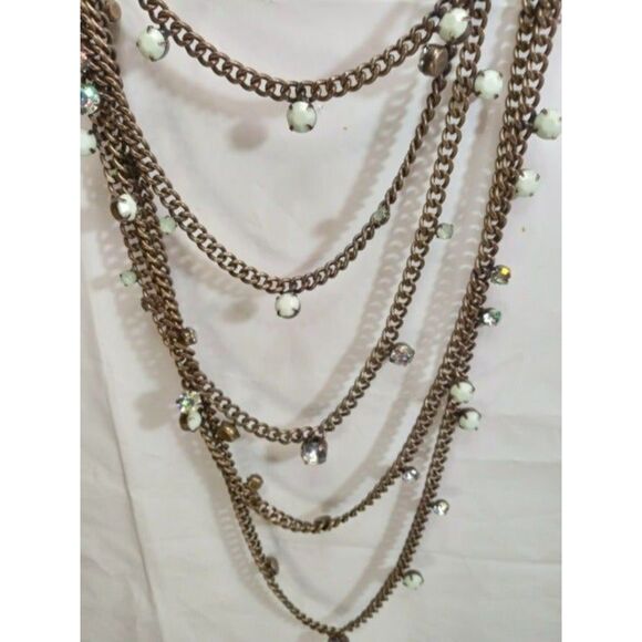 Vintage Chico's Five Strand Brass Link and Rhinestone Necklace - Picture 1 of 11